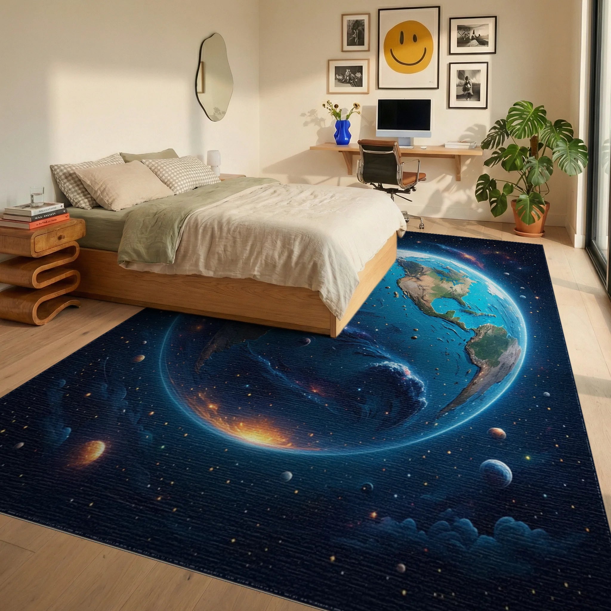 Vibrant Cosmic Earth Galaxy Rug - Bedroom View