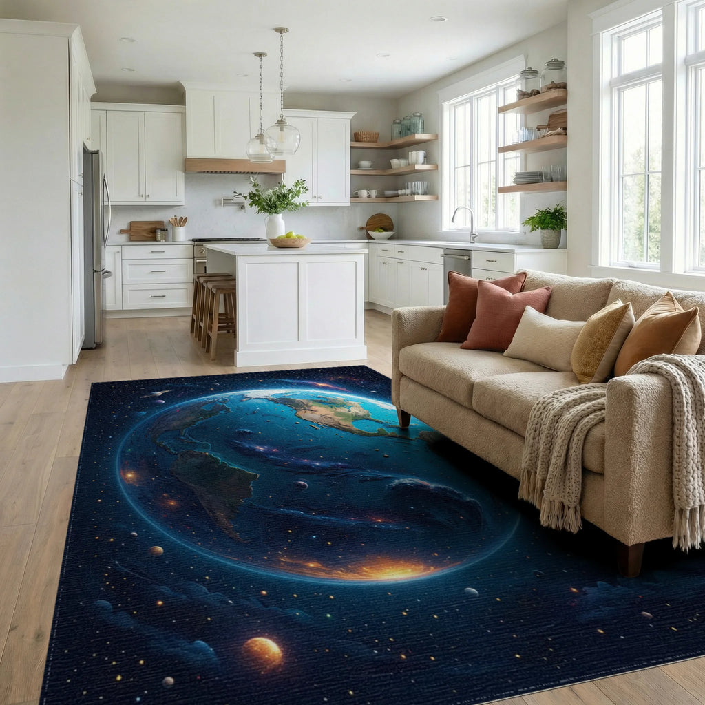 Vibrant Cosmic Earth Galaxy Rug - Living Room View