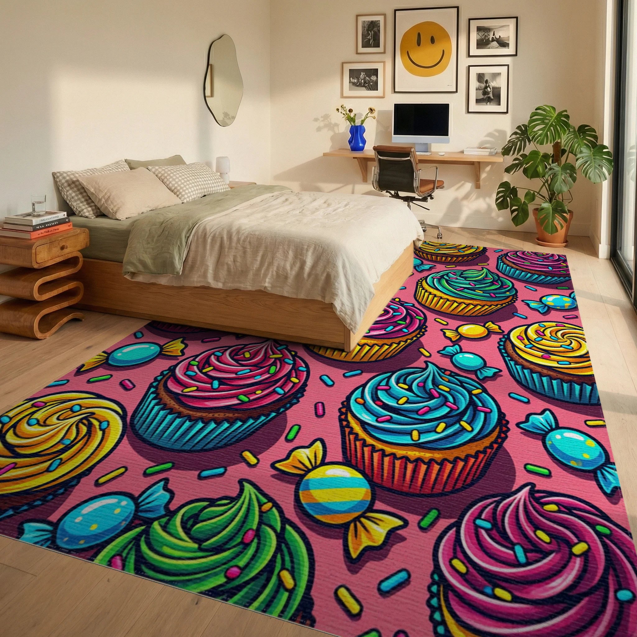 Vibrant Cupcake Sprinkle Candy Toss Rug Bedroom View