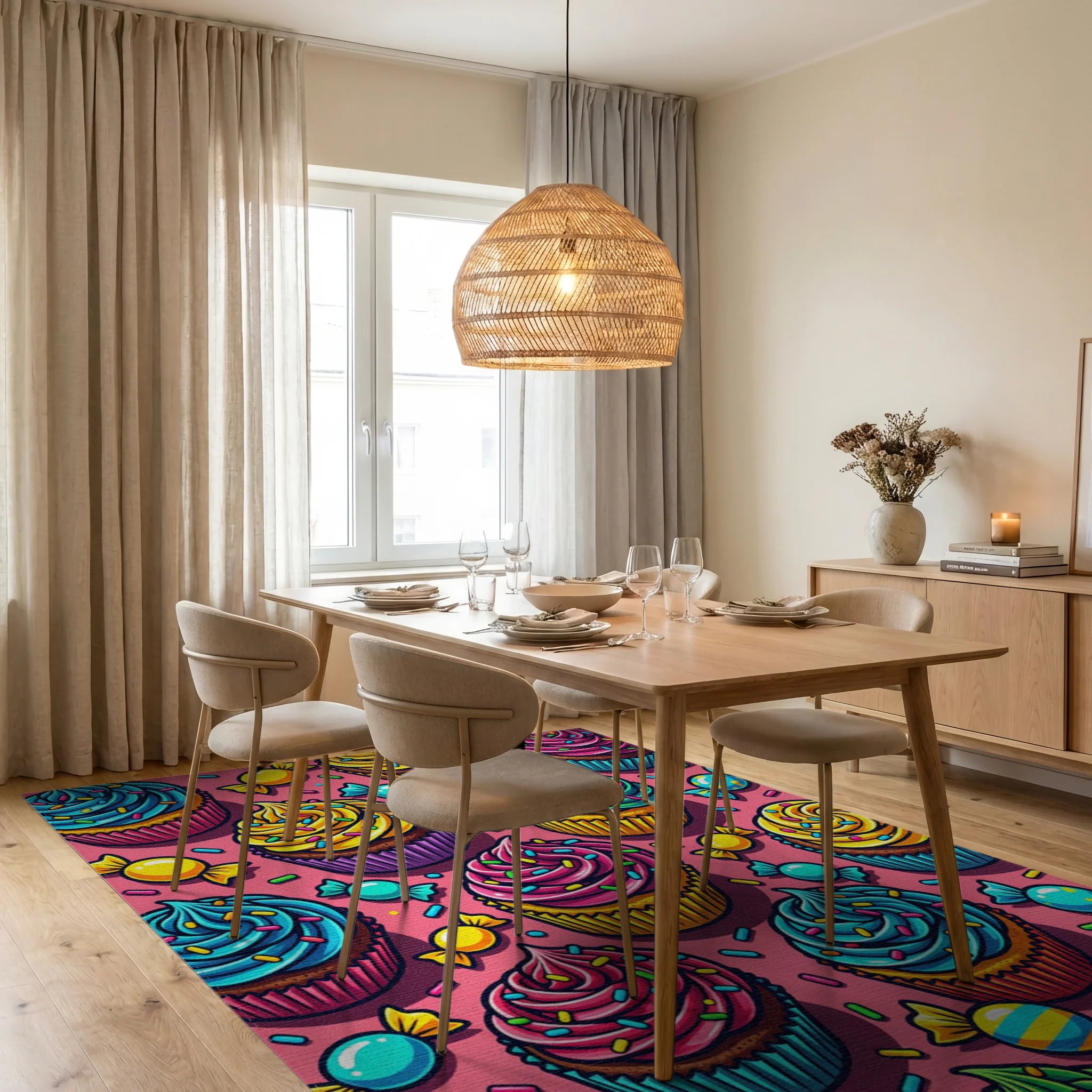 Vibrant Cupcake Sprinkle Candy Toss Rug Dining Room View