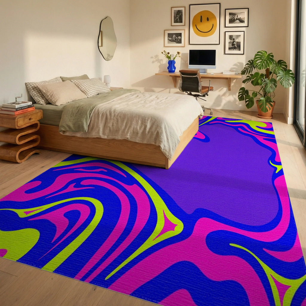 Vibrant Electric Liquid Wave Swirl Rug Bedroom View