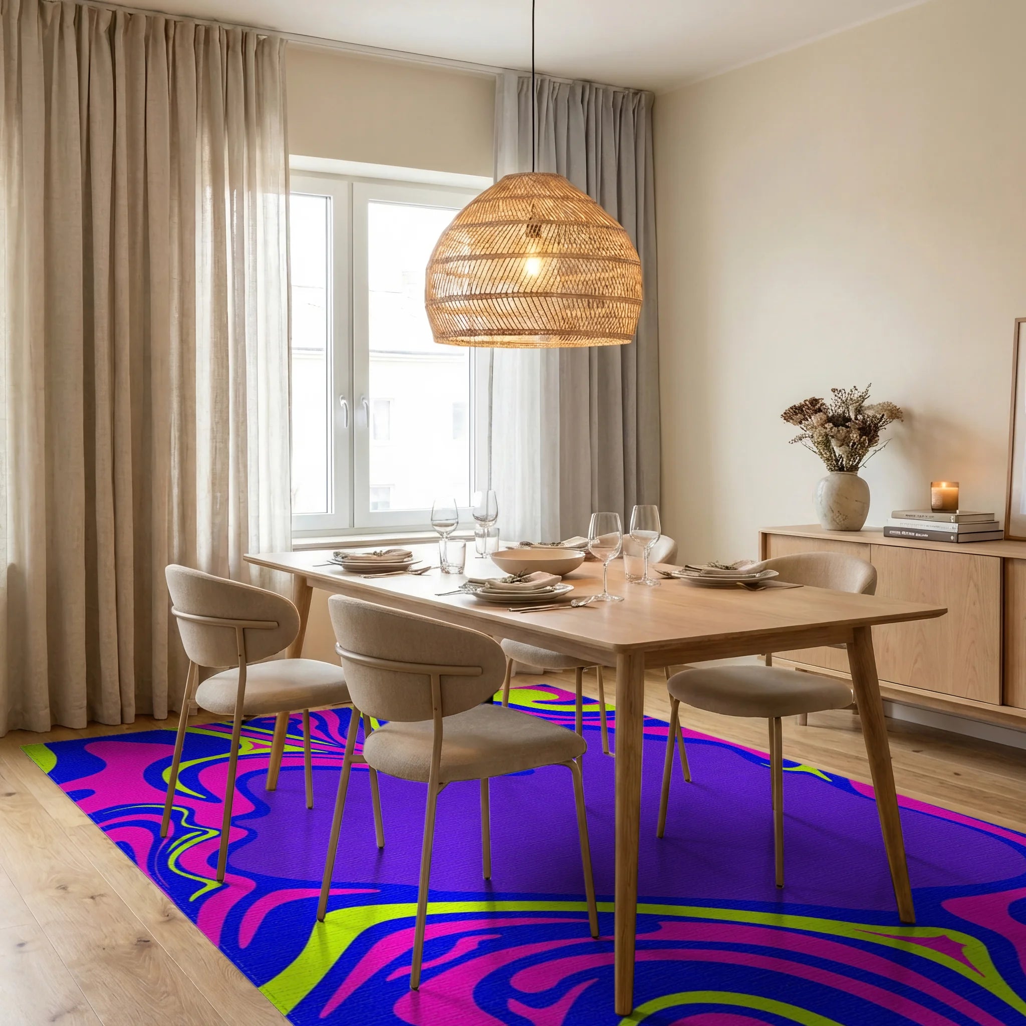 Vibrant Electric Liquid Wave Swirl Rug Dining Room View