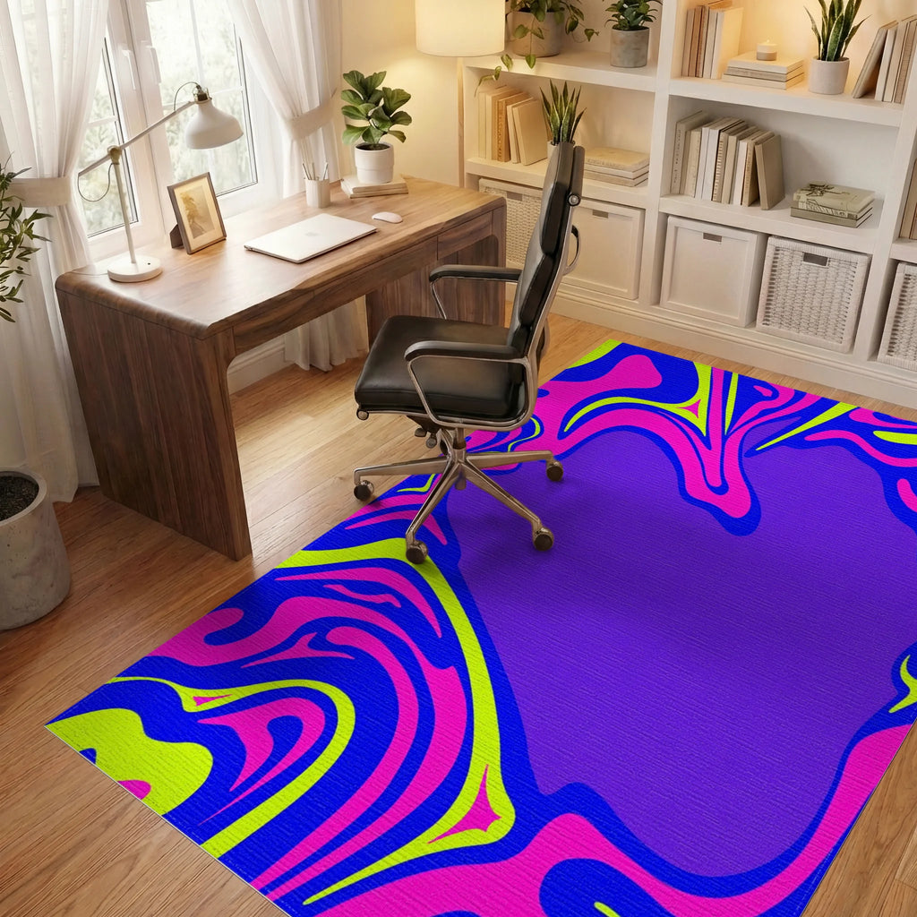 Vibrant Electric Liquid Wave Swirl Rug Office View