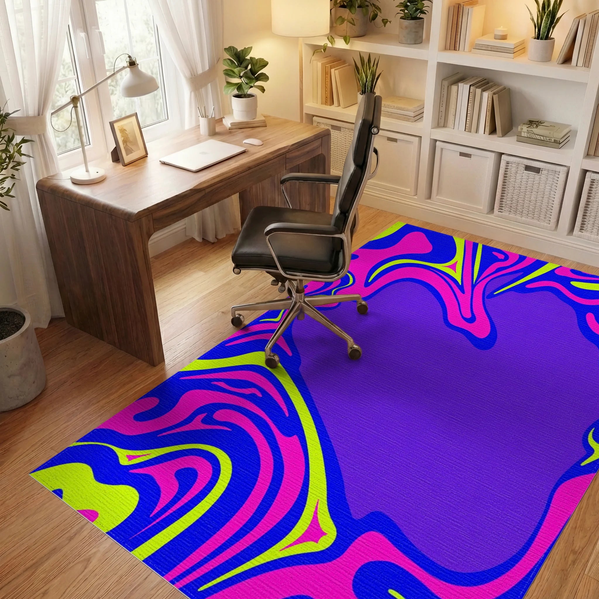 Vibrant Electric Liquid Wave Swirl Rug Office View