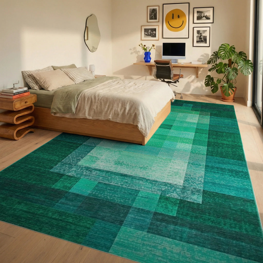 Vibrant Emerald Pixelated Geometric Block Rug Bedroom View