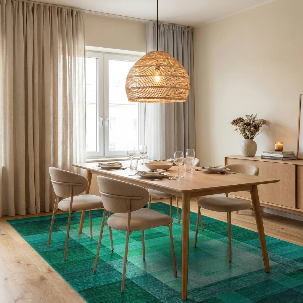 Vibrant Emerald Pixelated Geometric Block Rug Dining Room View