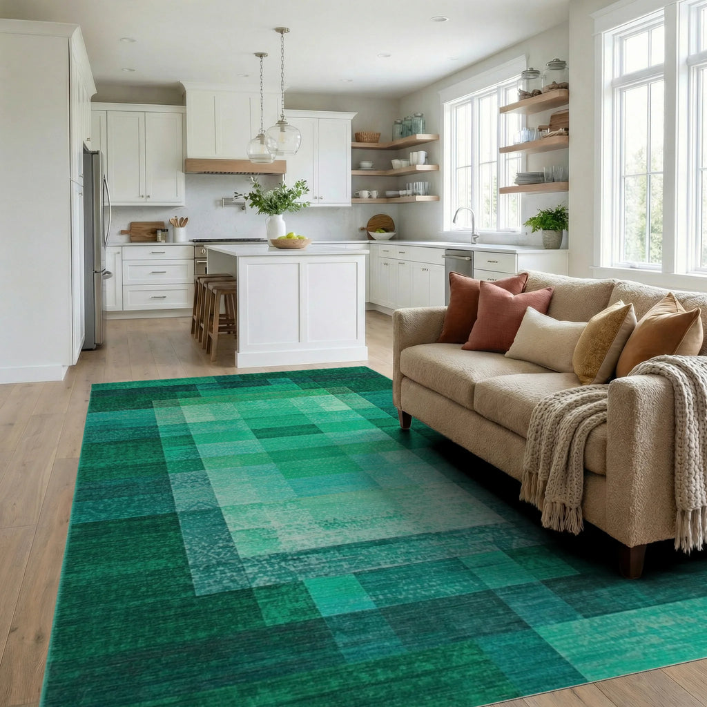 Vibrant Emerald Pixelated Geometric Block Rug Living Room View