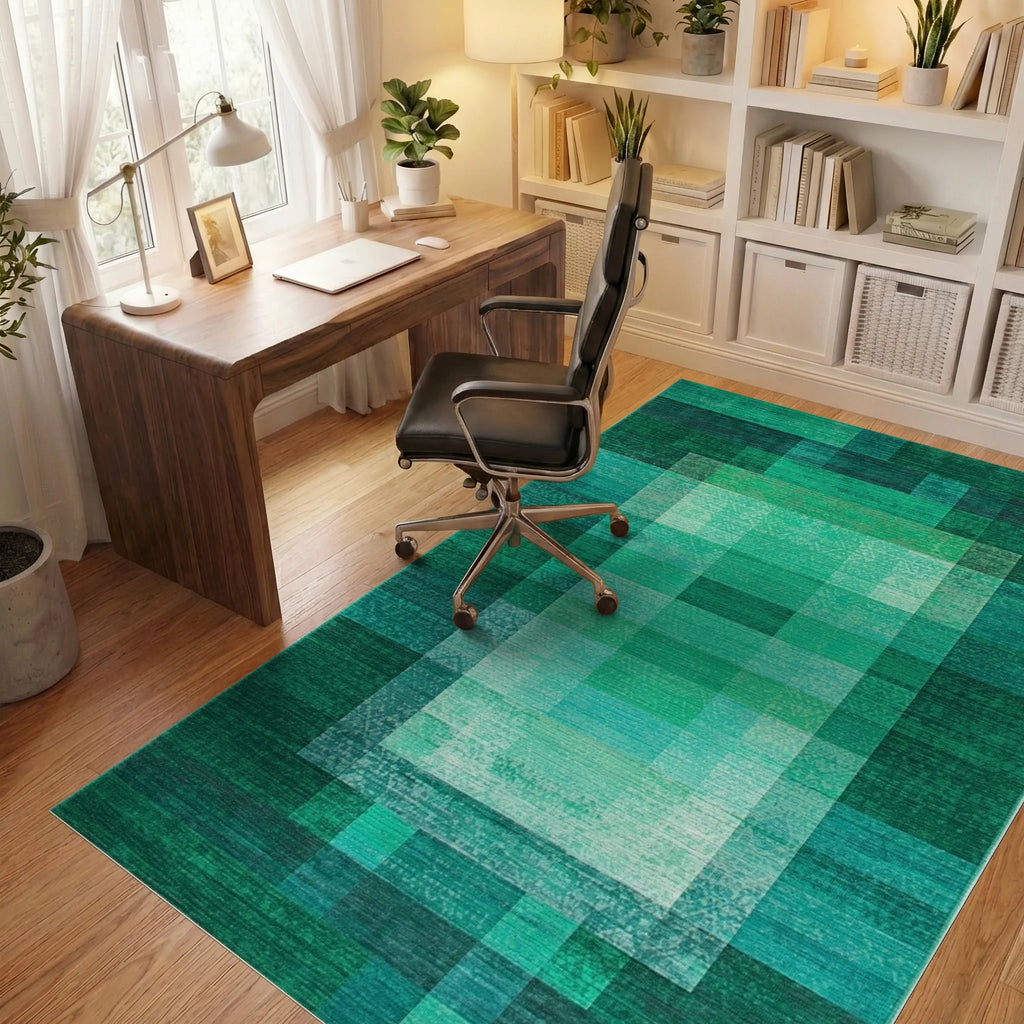Vibrant Emerald Pixelated Geometric Block Rug Office View