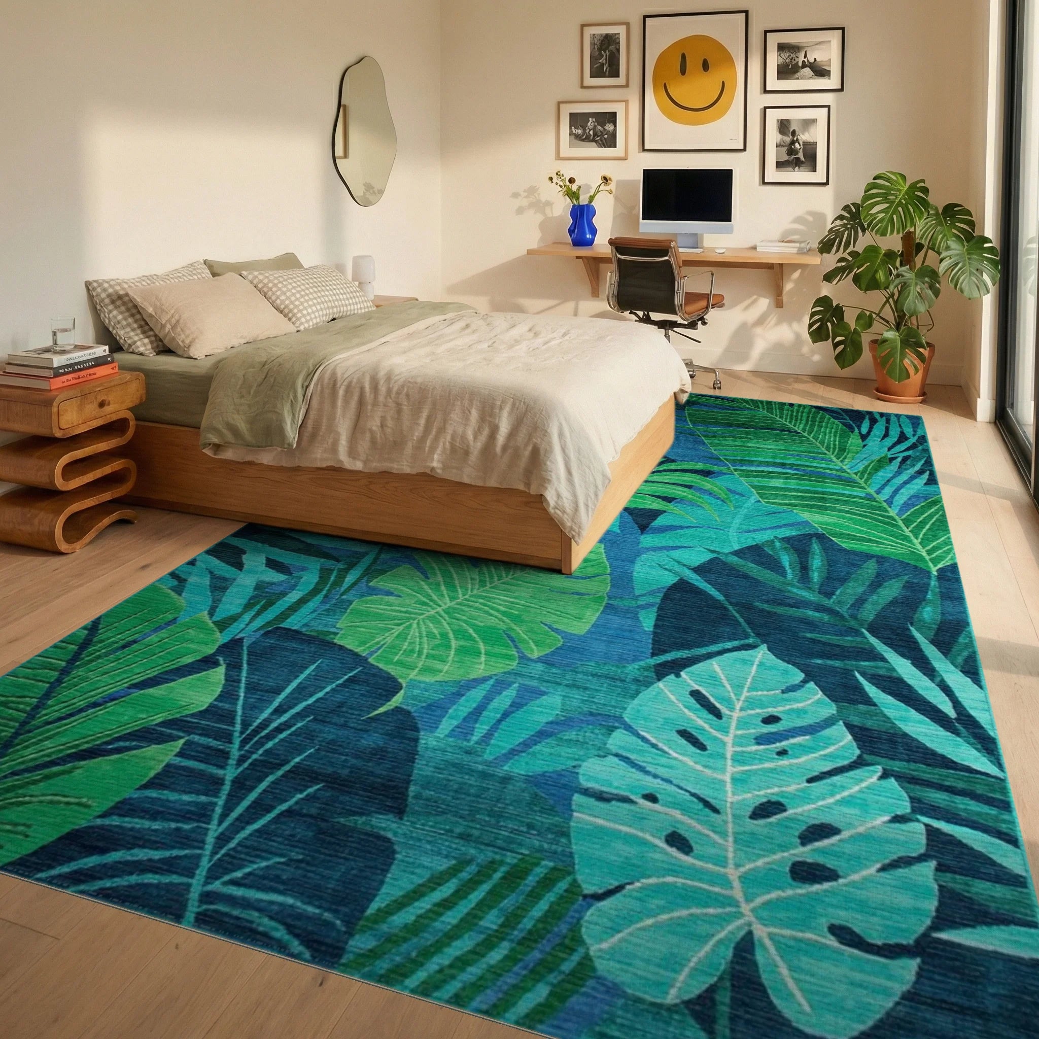 Vibrant Emerald Tropical Lush Foliage Rug - Bedroom View