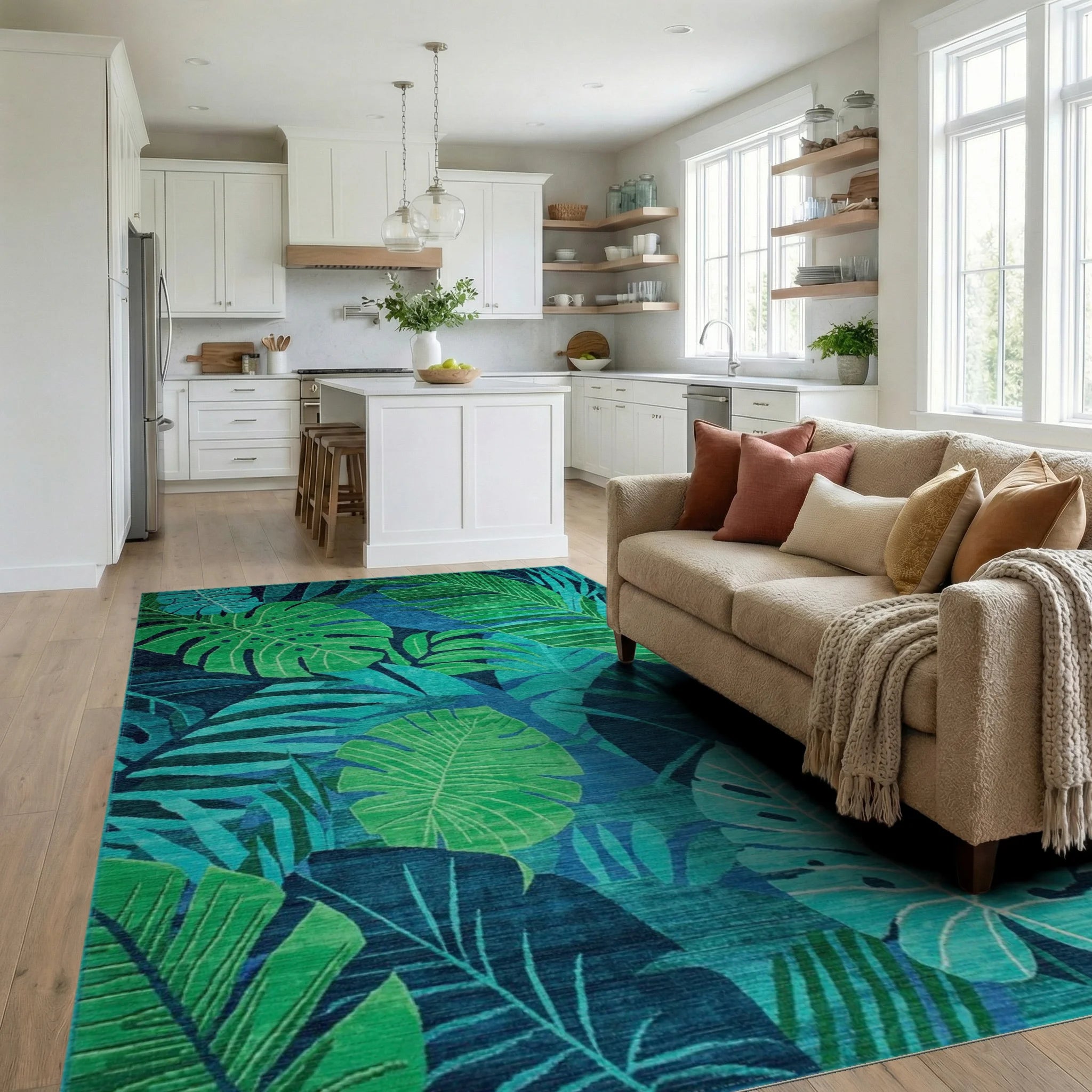 Vibrant Emerald Tropical Lush Foliage Rug - Living Room View