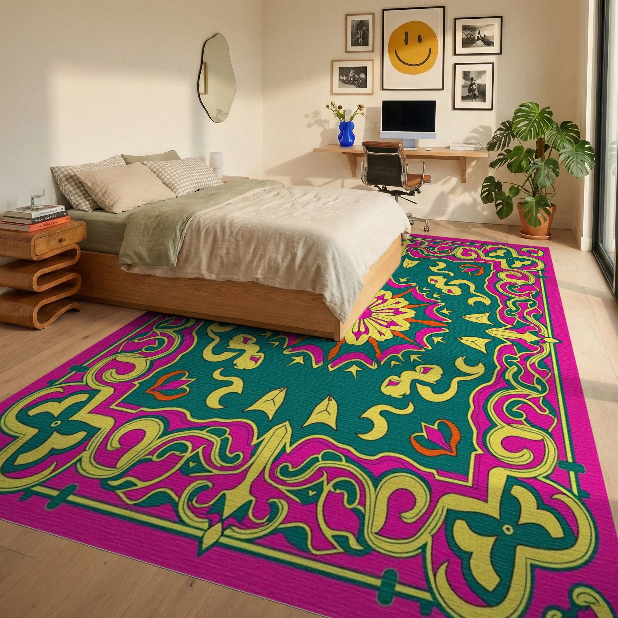 Vibrant Floral Medallion Graphic Design Rug Bedroom View