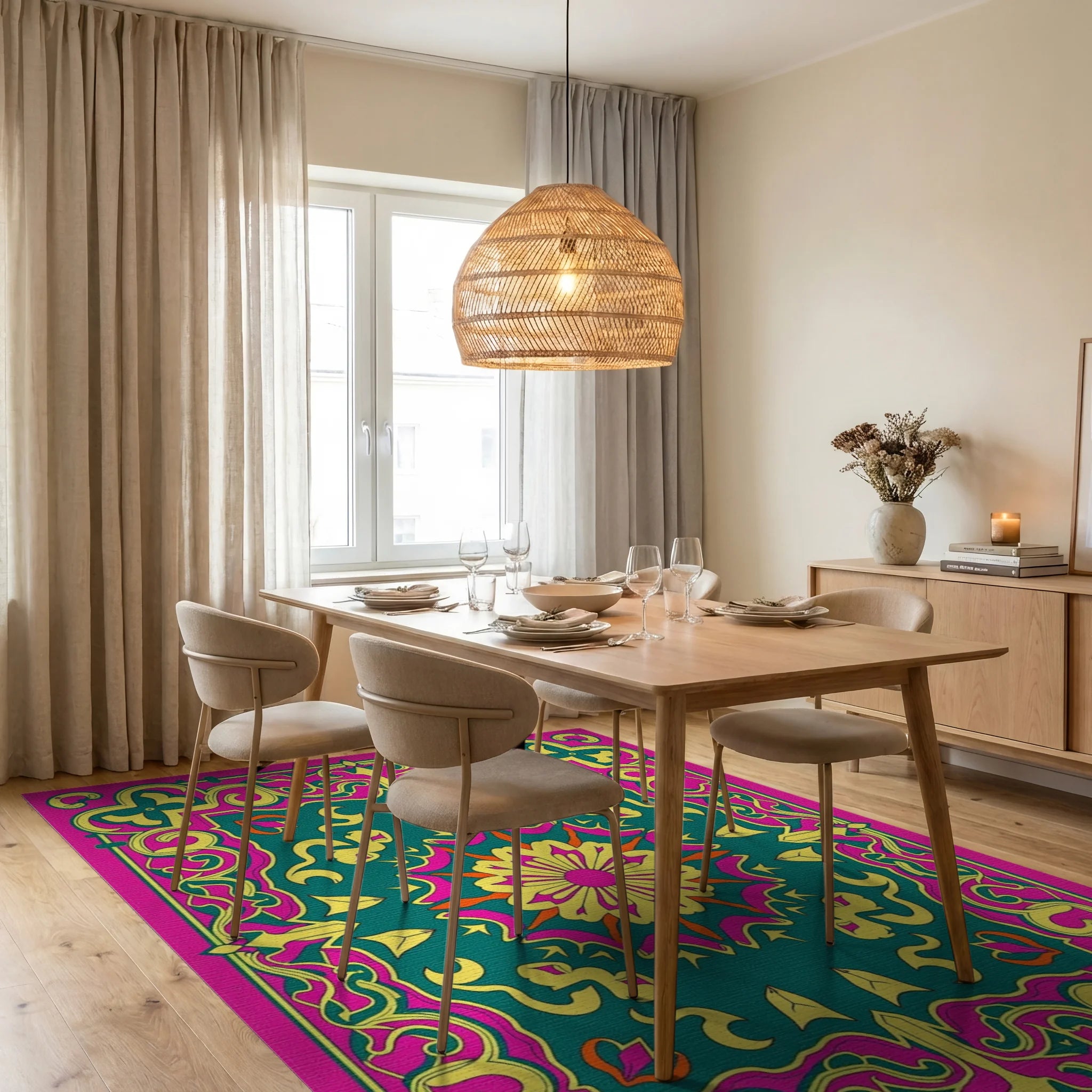 Vibrant Floral Medallion Graphic Design Rug Dining Room View