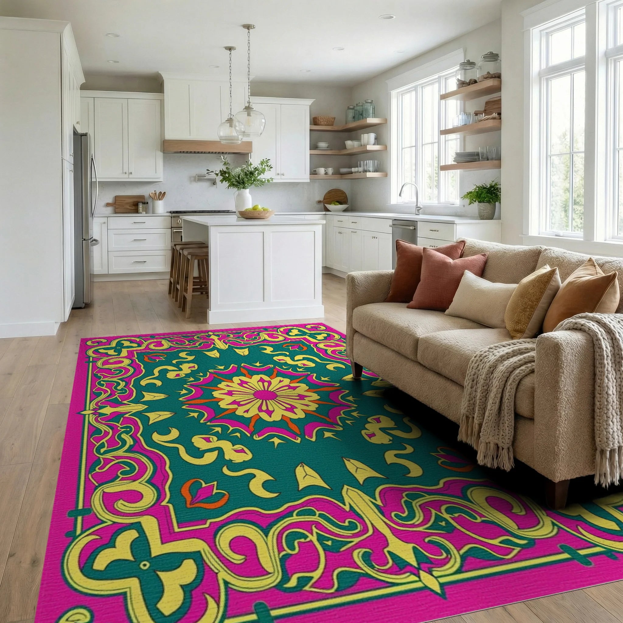 Vibrant Floral Medallion Graphic Design Rug Living Room View