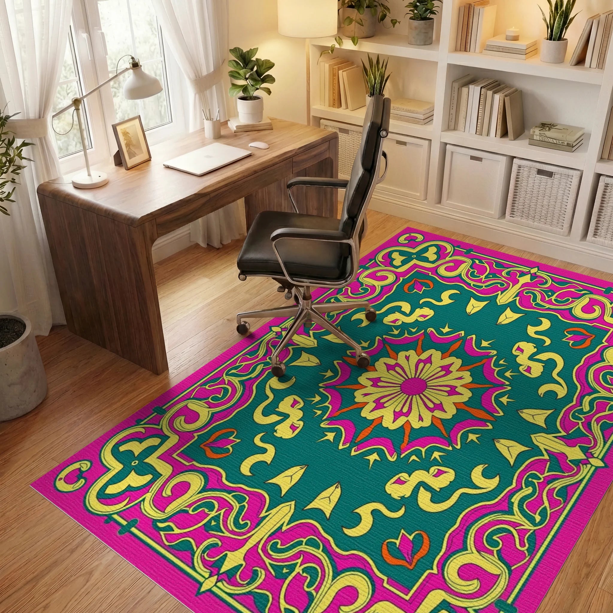 Vibrant Floral Medallion Graphic Design Rug Office View