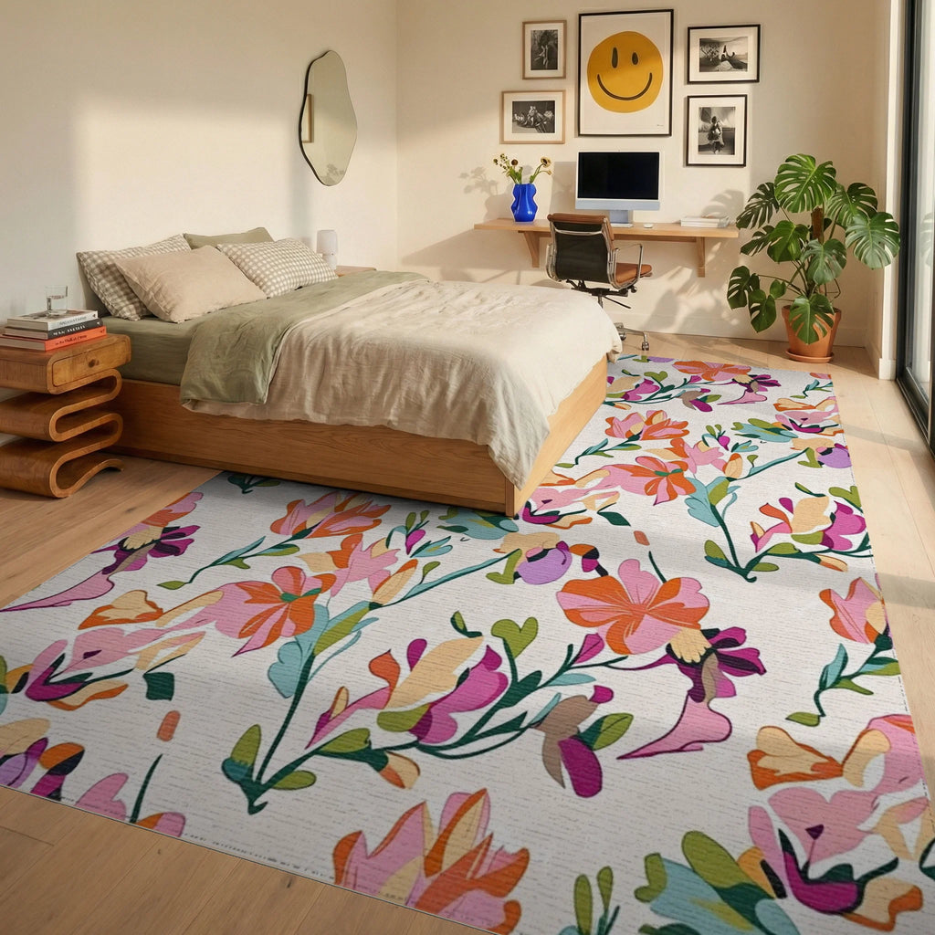 Vibrant Floral Silhouette Abstract Rug Bedroom View