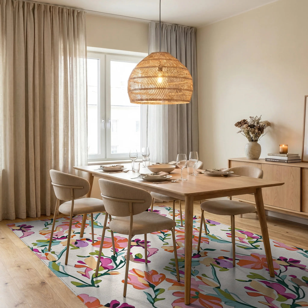 Vibrant Floral Silhouette Abstract Rug Dining Room View