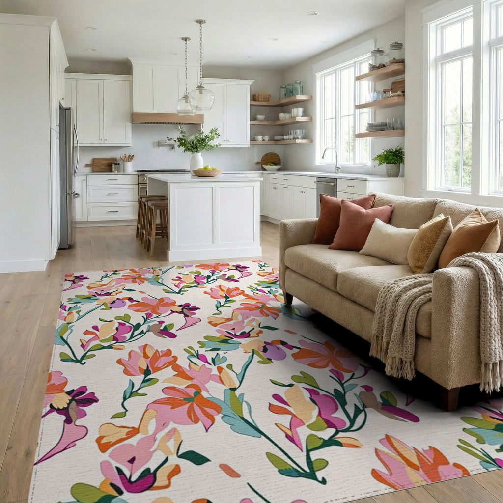 Vibrant Floral Silhouette Abstract Rug Living Room View