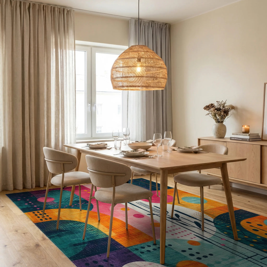 Vibrant Geometric Abstract Multi Color Art Rug Dining Room View