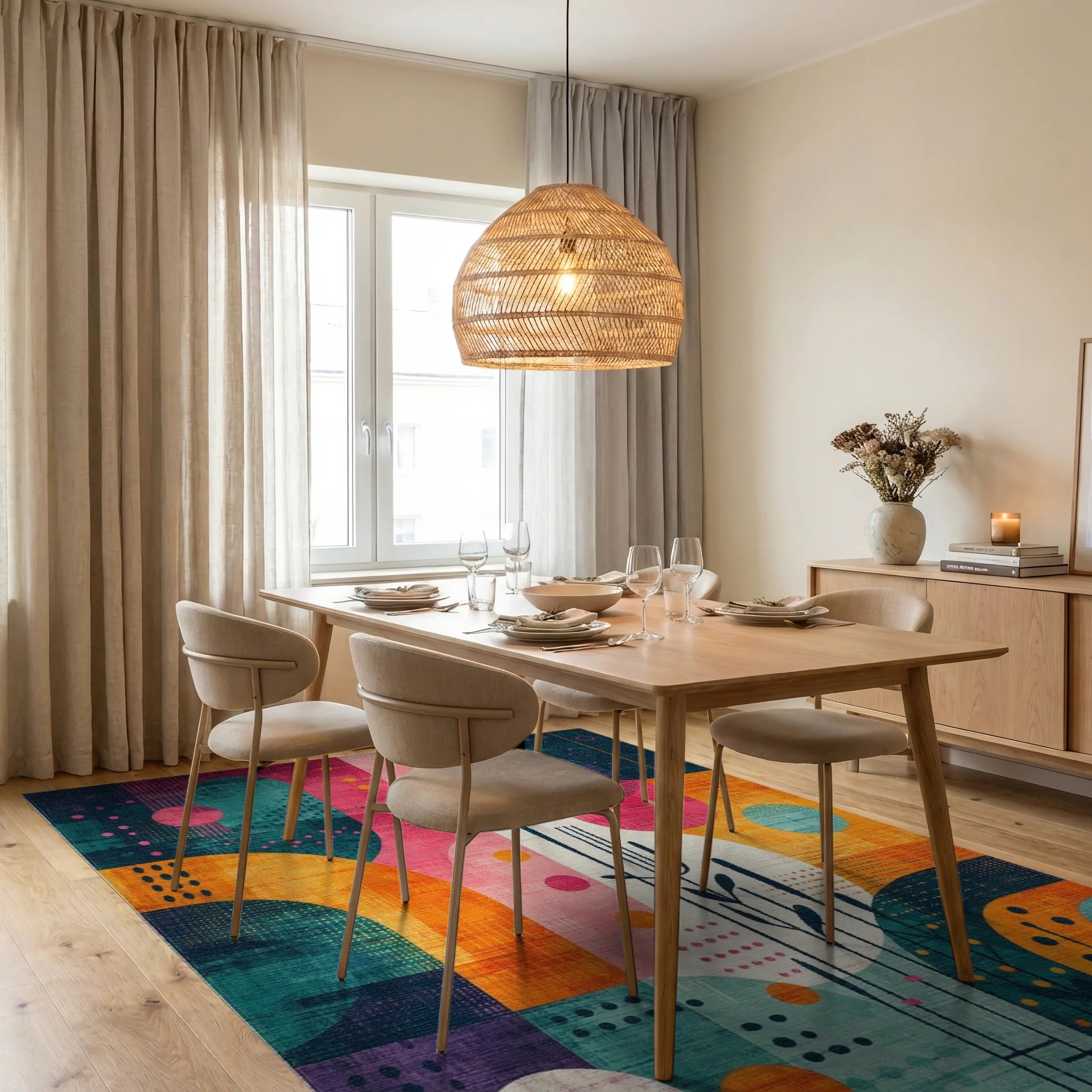 Vibrant Geometric Abstract Multi Color Art Rug Dining Room View