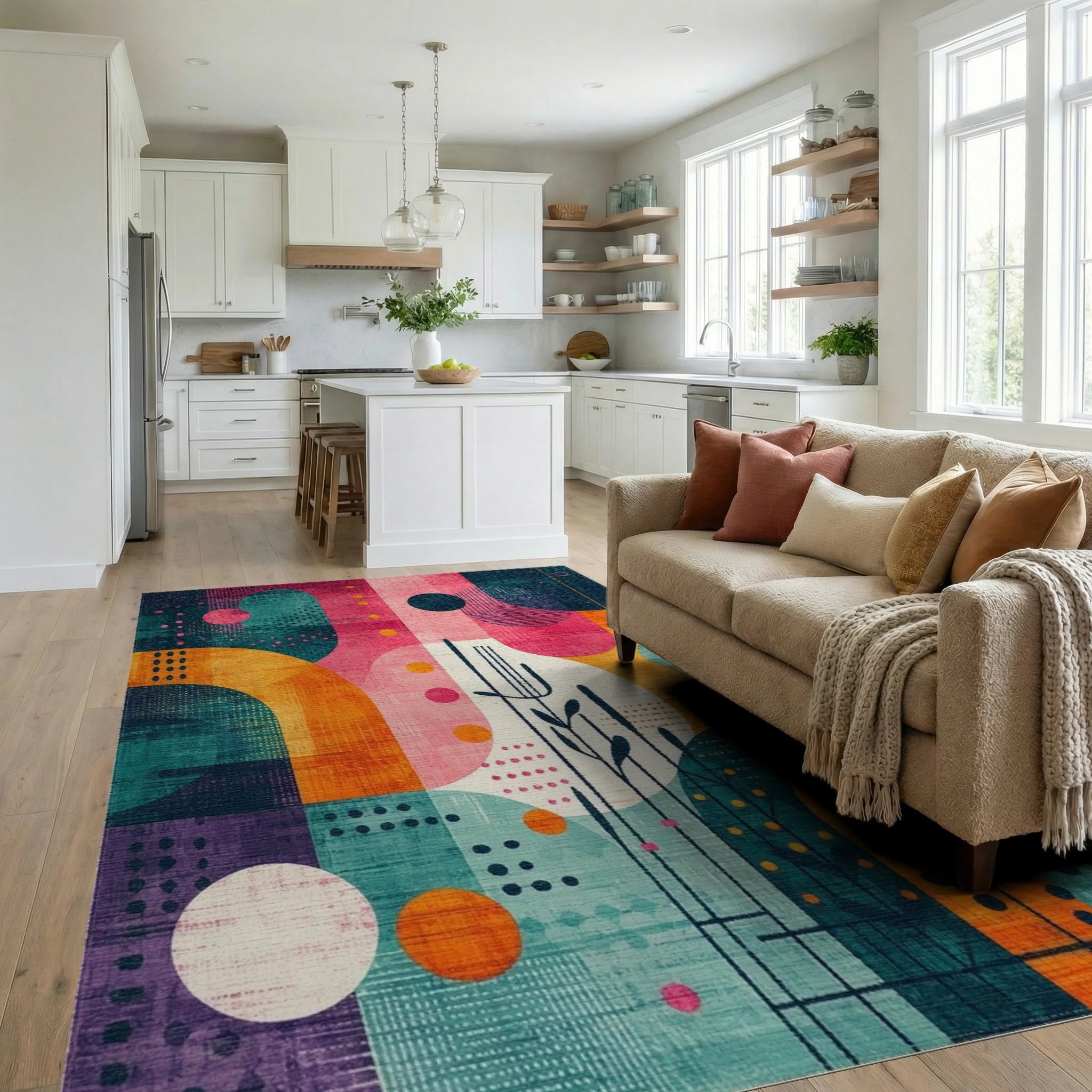 Vibrant Geometric Abstract Multi Color Art Rug Living Room View