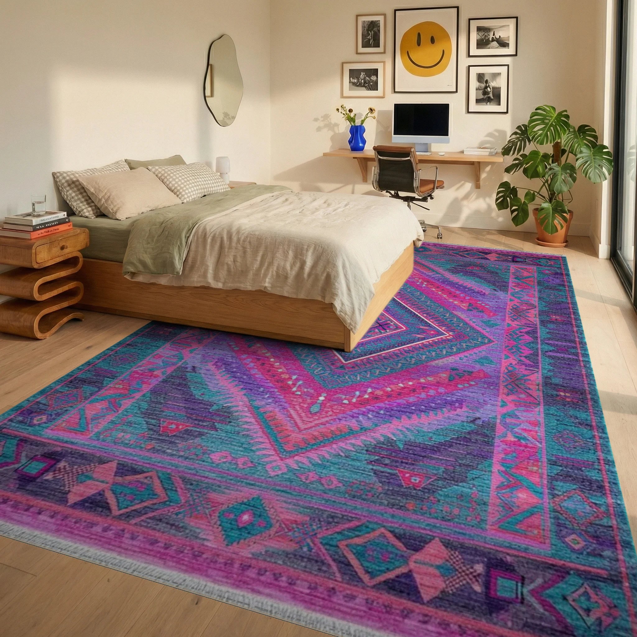 Vibrant Geometric Diamond Medallion Rug - Bedroom View