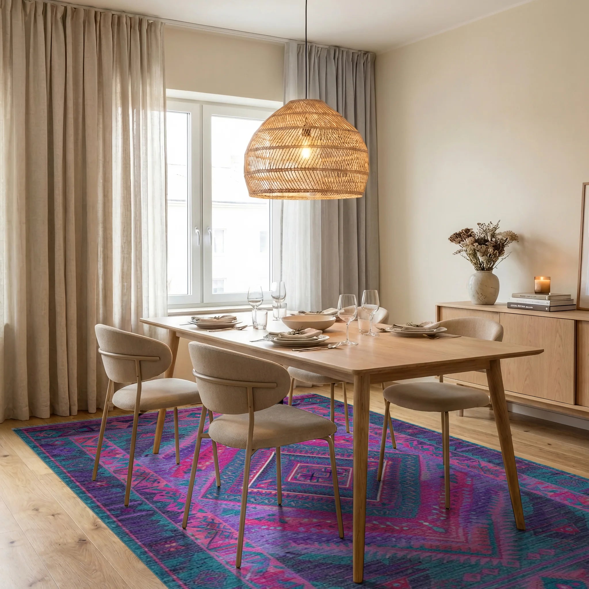 Vibrant Geometric Diamond Medallion Rug - Dining Room View