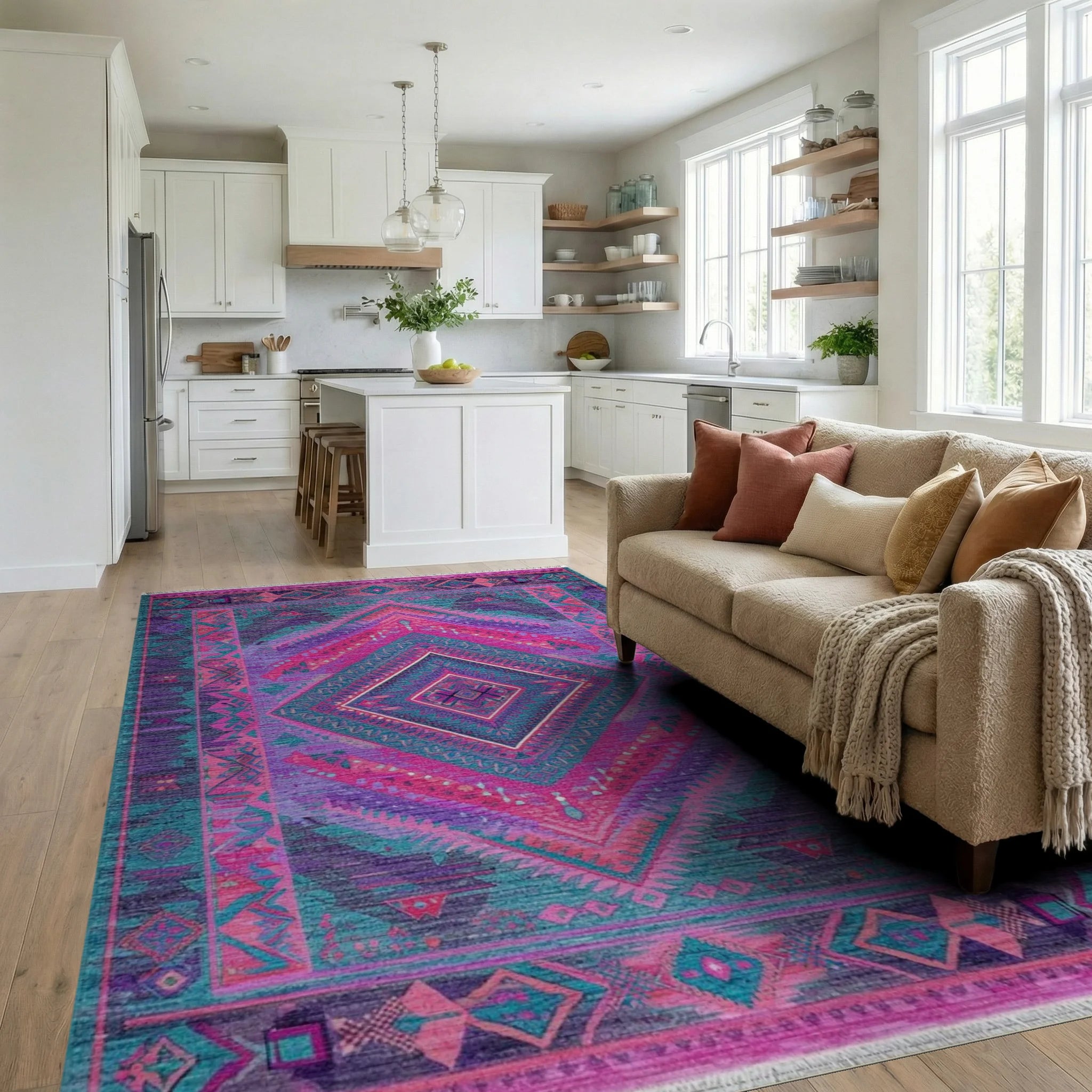 Vibrant Geometric Diamond Medallion Rug - Living Room View