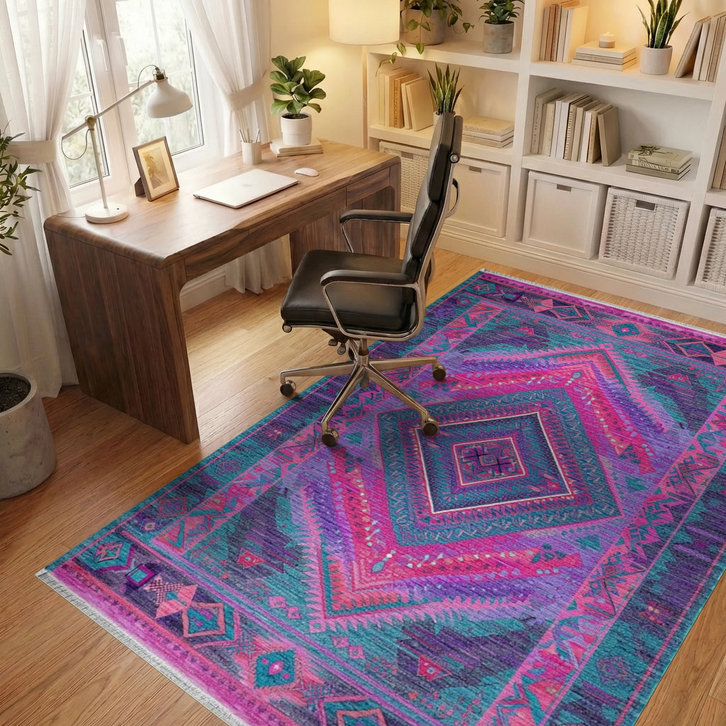 Vibrant Geometric Diamond Medallion Rug - Office View