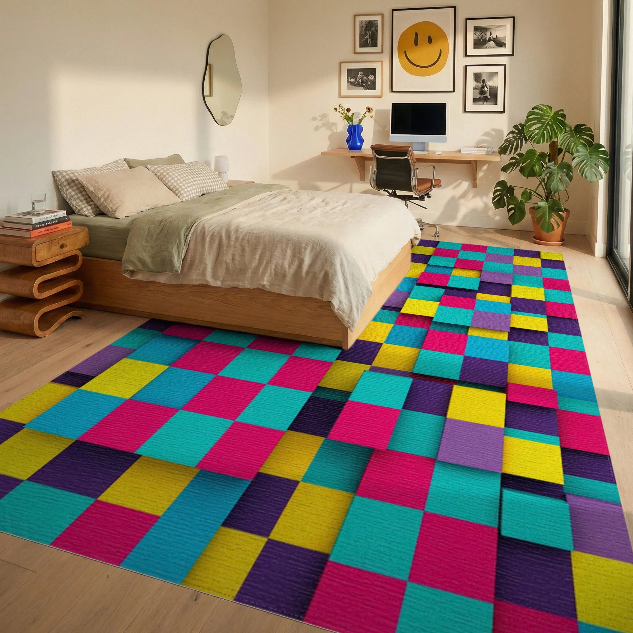 Vibrant Geometric Pixel Block Mosaic Rug Bedroom View