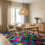Vibrant Geometric Pixel Block Mosaic Rug Dining Room View