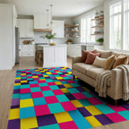 Vibrant Geometric Pixel Block Mosaic Rug Living Room View