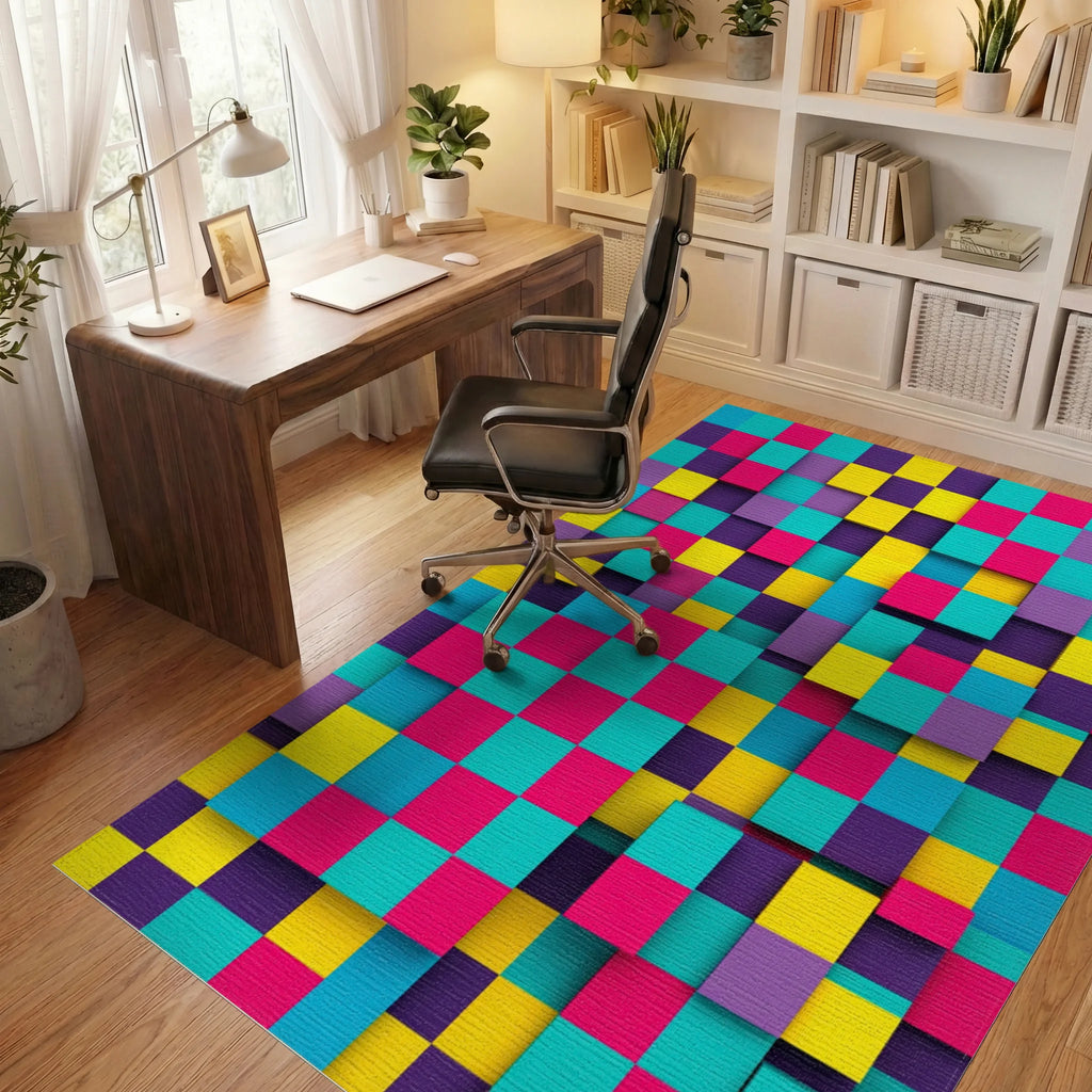 Vibrant Geometric Pixel Block Mosaic Rug Office View