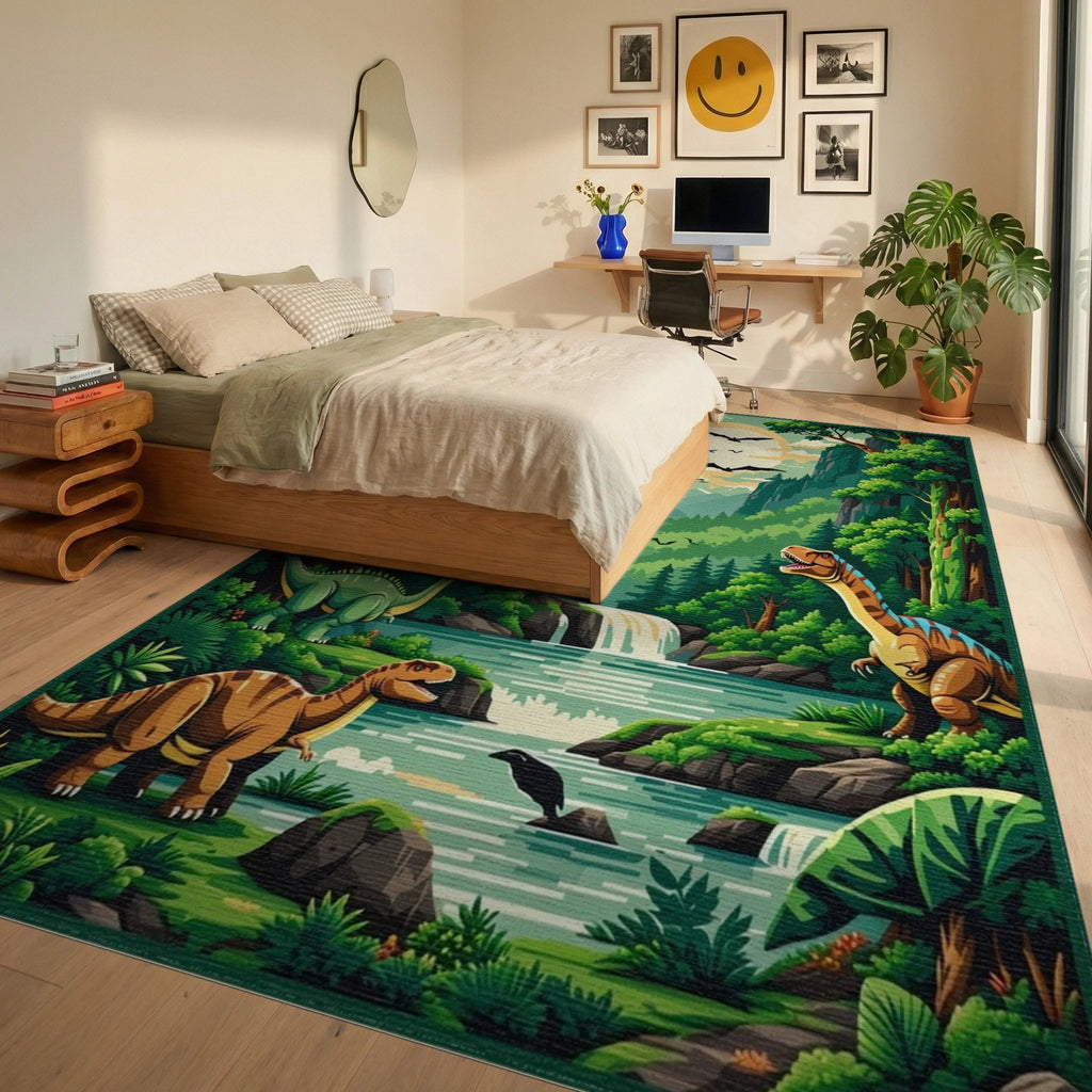 Vibrant Green Dinosaur Valley Rug - Bedroom View