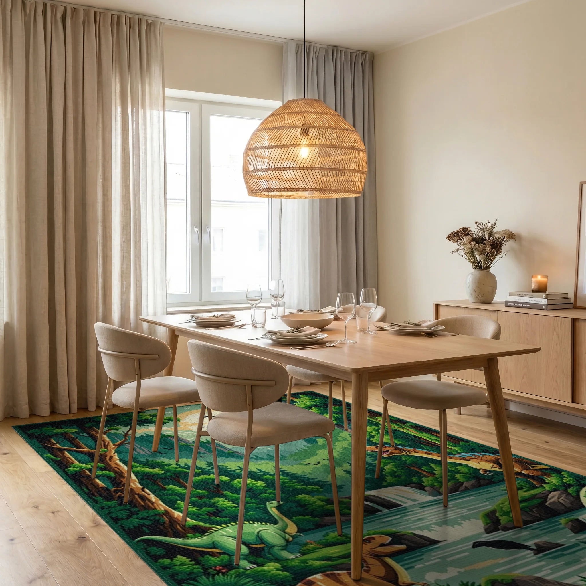 Vibrant Green Dinosaur Valley Rug - Dining Room View
