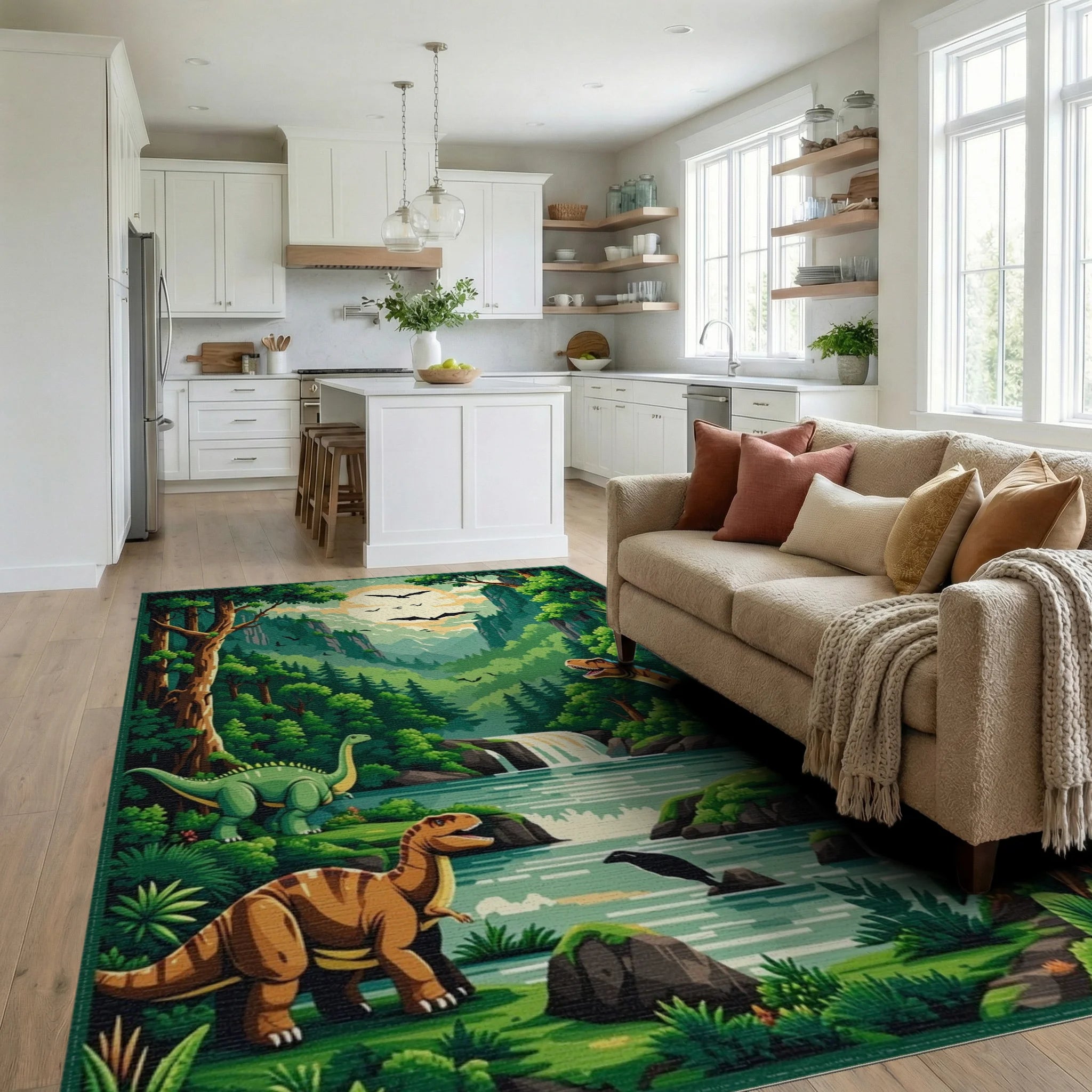 Vibrant Green Dinosaur Valley Rug - Living Room View