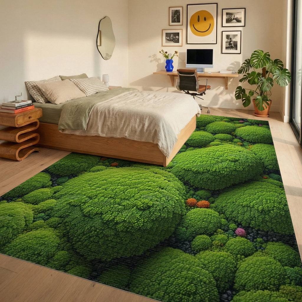 Vibrant Green Organic Broccoli Forest Rug - Bedroom View