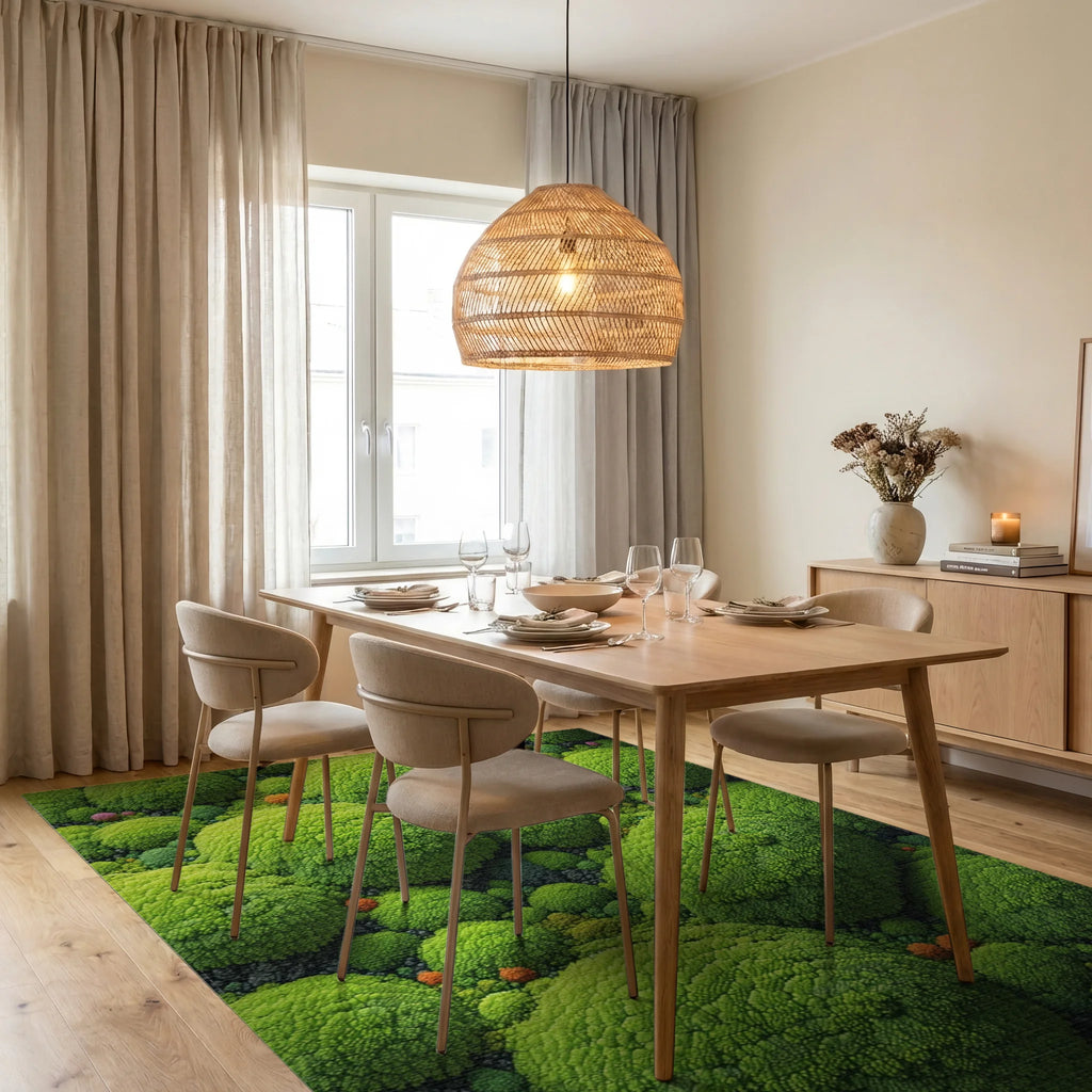 Vibrant Green Organic Broccoli Forest Rug - Dining Room View