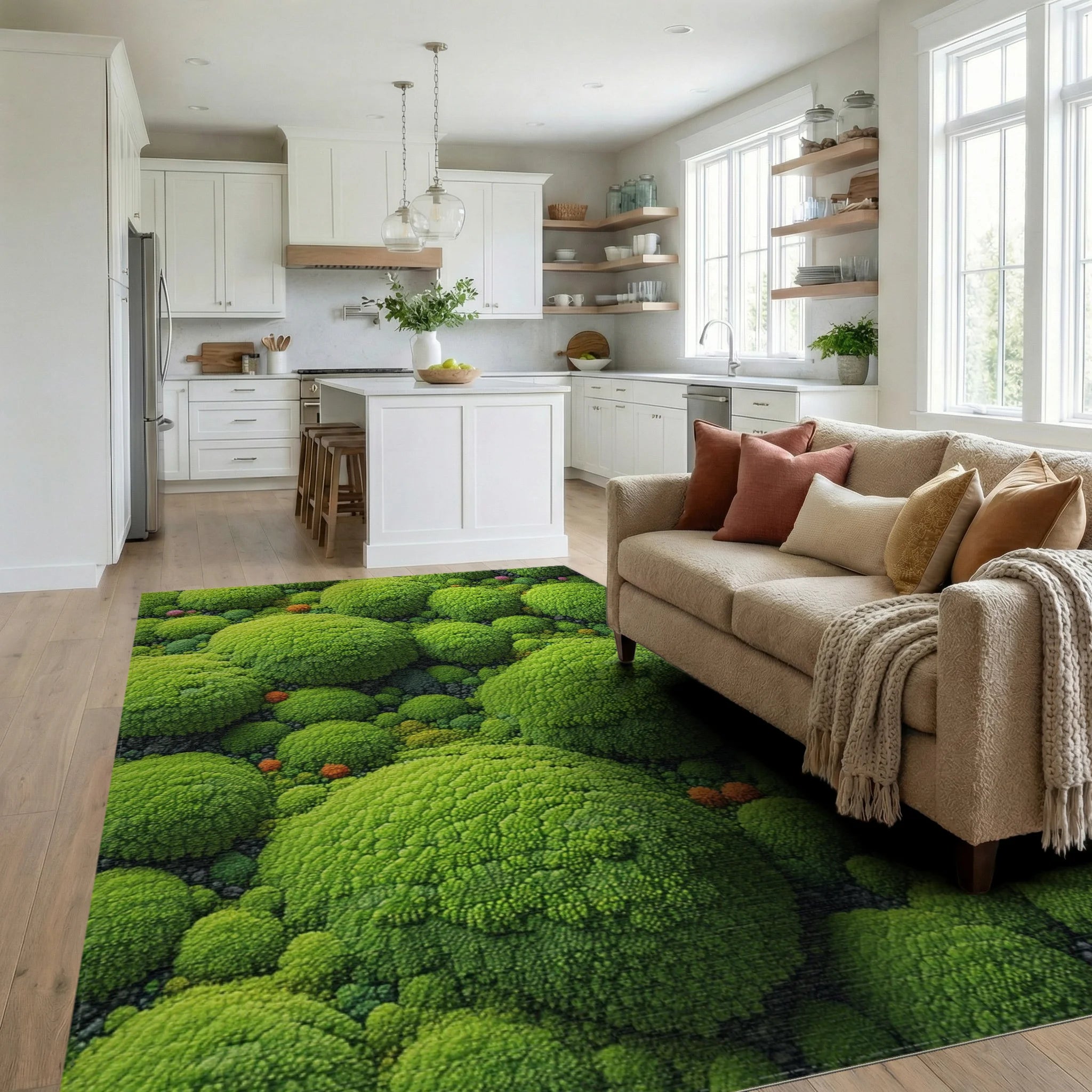Vibrant Green Organic Broccoli Forest Rug - Living Room View