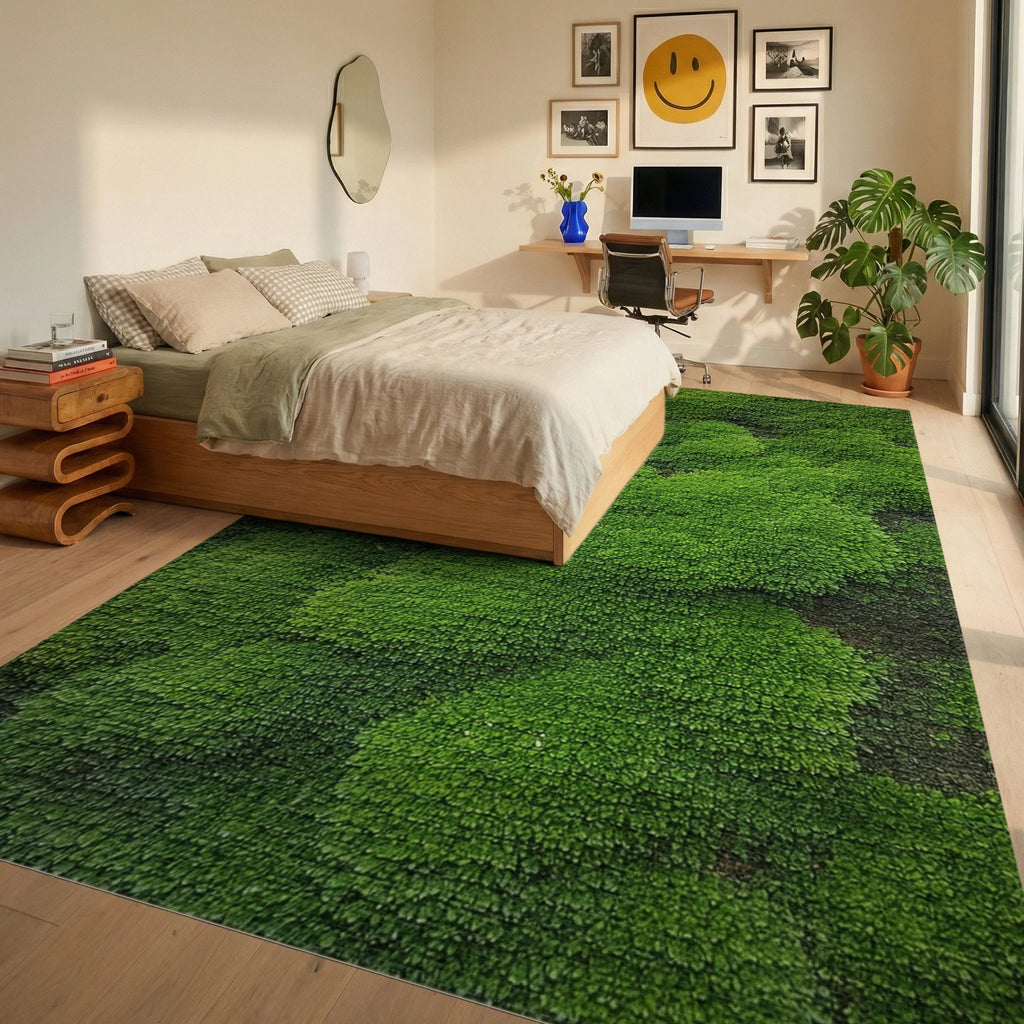 Vibrant Green Textured Moss Landscape Rug - Bedroom View