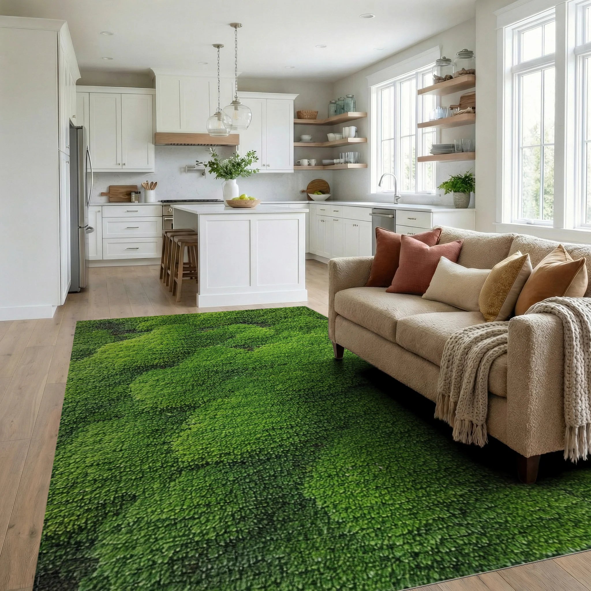 Vibrant Green Textured Moss Landscape Rug - Living Room View