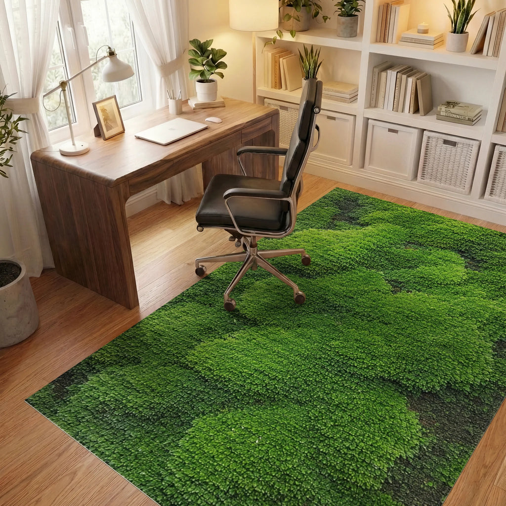 Vibrant Green Textured Moss Landscape Rug - Office View