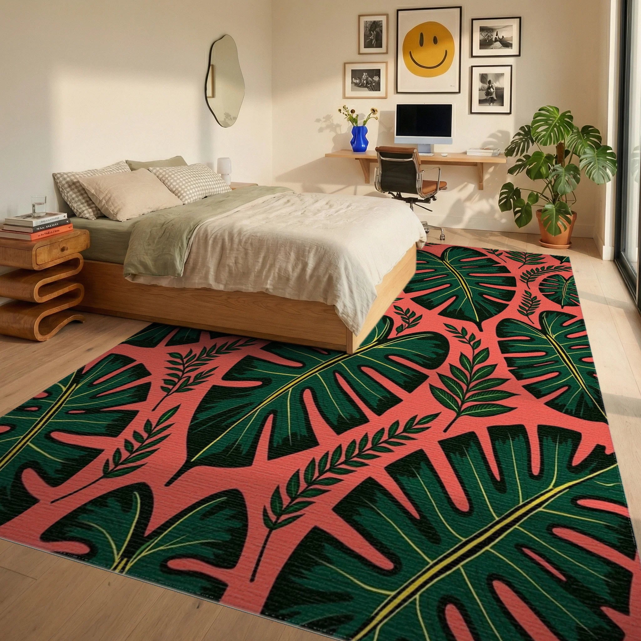 Vibrant Green Tropical Leaf Collage Rug Bedroom View