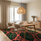 Vibrant Green Tropical Leaf Collage Rug Dining Room View