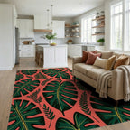 Vibrant Green Tropical Leaf Collage Rug Living Room View