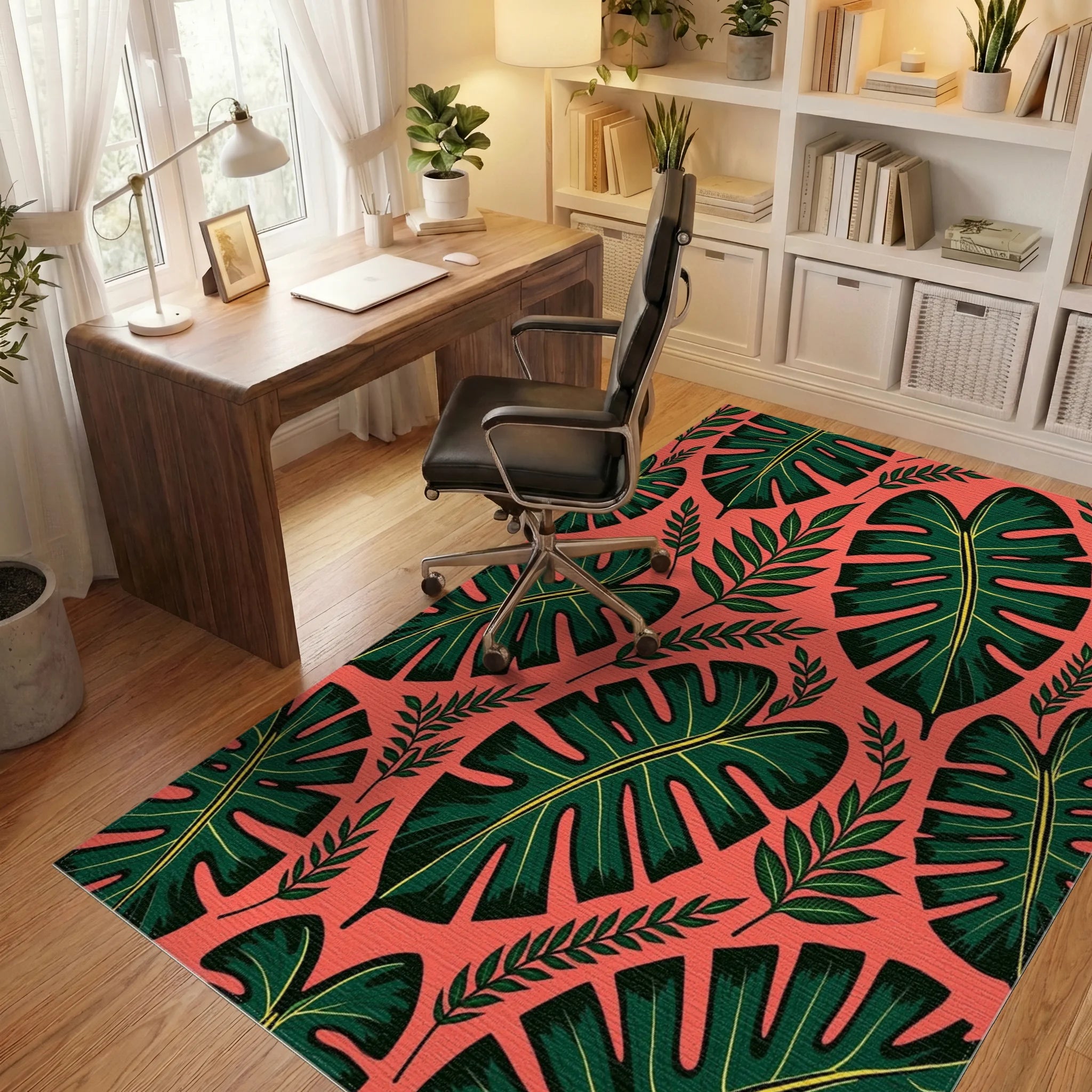 Vibrant Green Tropical Leaf Collage Rug Office View