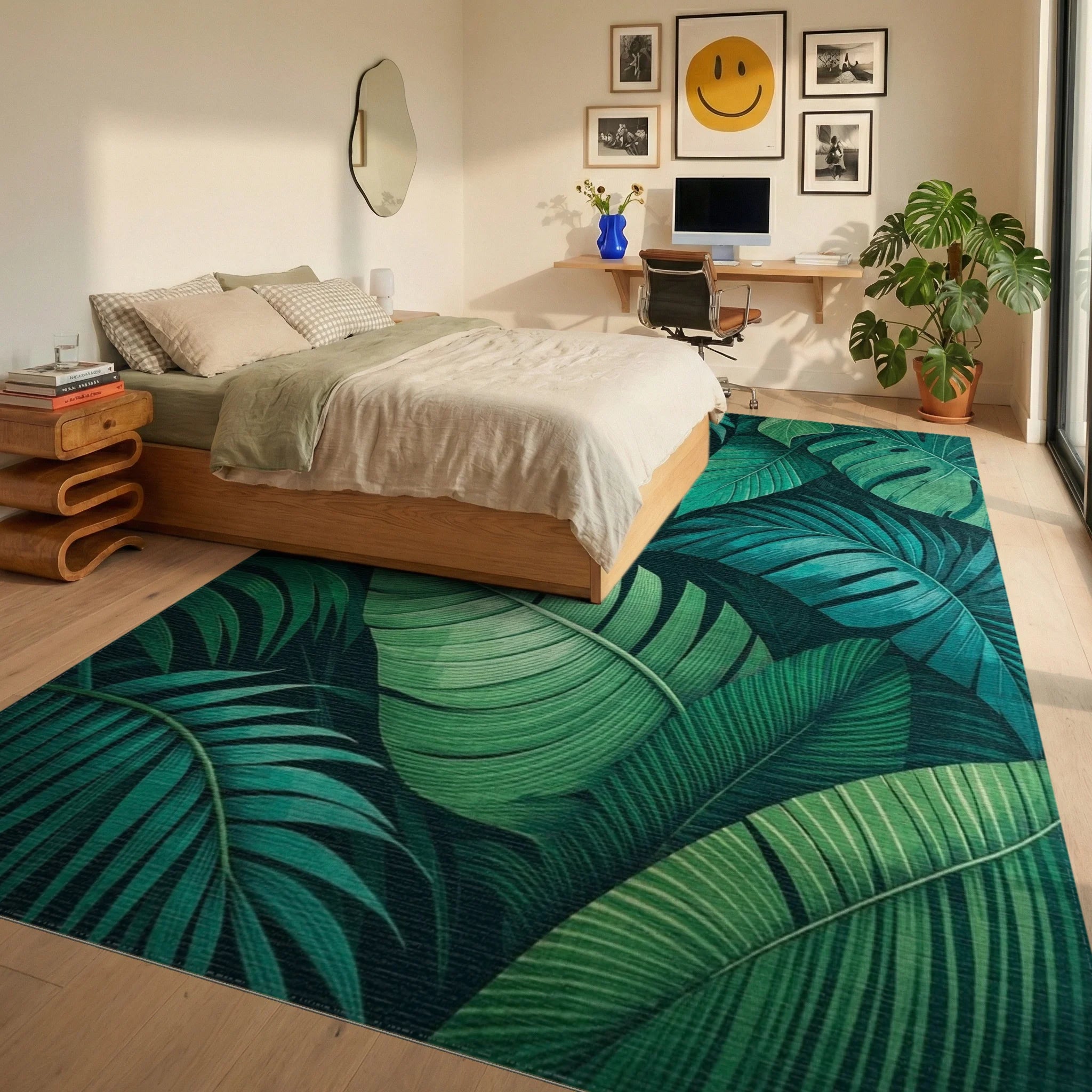 Vibrant Green Tropical Leaves Rug - Bedroom View