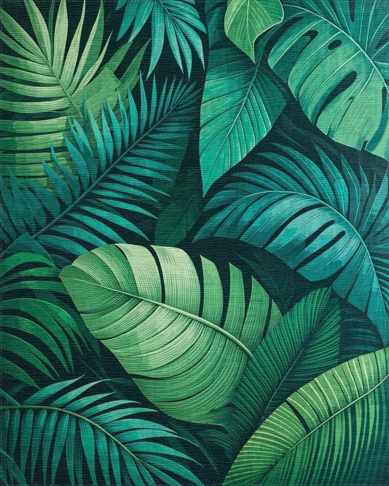 Vibrant Green Tropical Leaves Rug - Cutout View