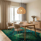 Vibrant Green Tropical Leaves Rug - Dining Room View