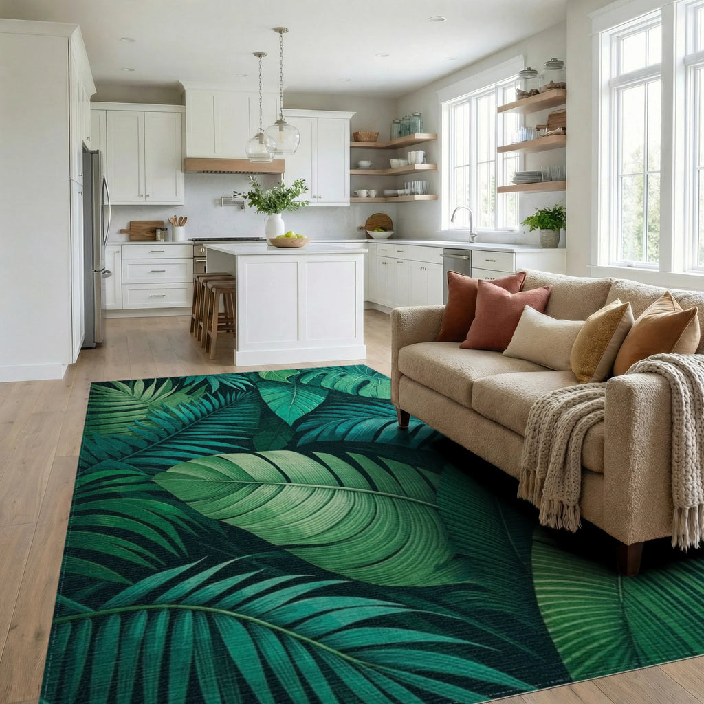Vibrant Green Tropical Leaves Rug - Living Room View