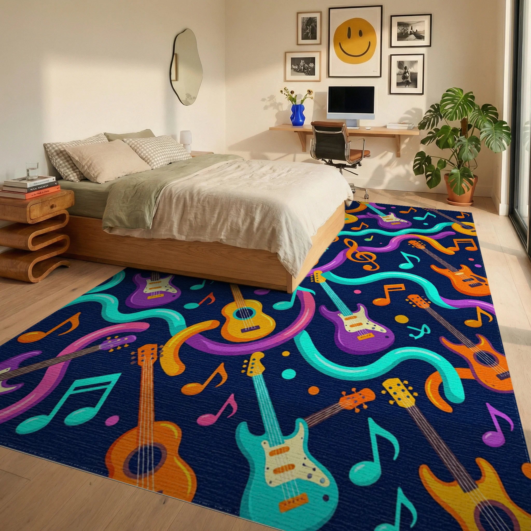 Vibrant Guitars Music Notes Waves Rug Bedroom View